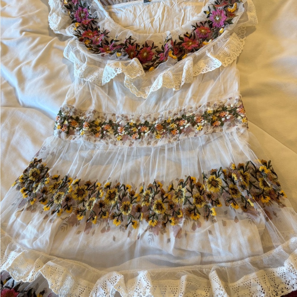 NWT By Anthropologie Ruffle Sleeve Embroidered Tulle Tiered Lace Maxi Dress 6 - Picture 7 of 9